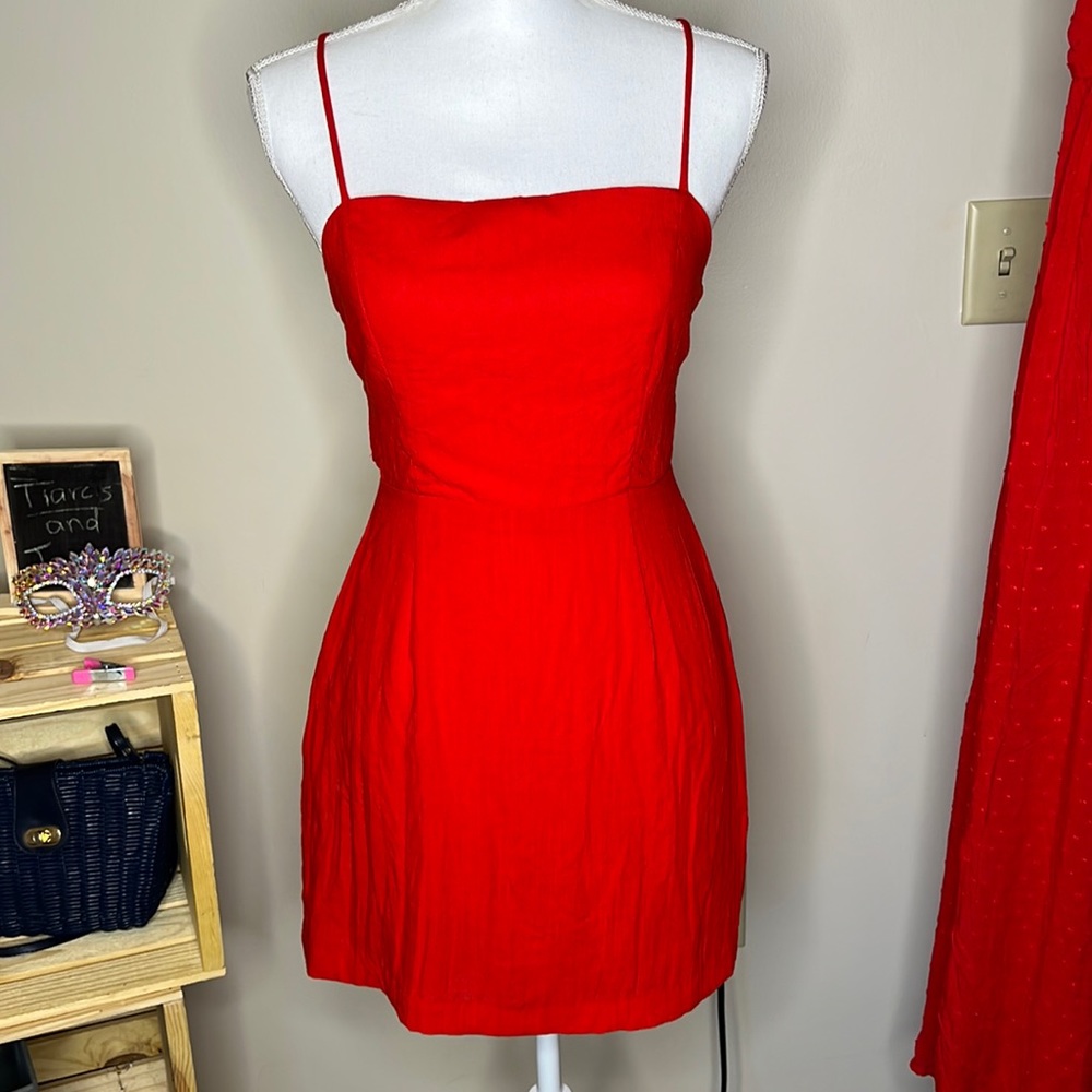 Princess Polly Red Linen Open Back Dress Size 4